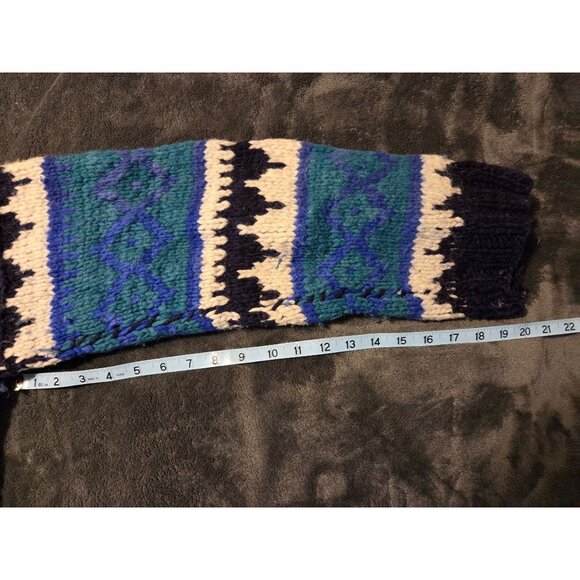 Mens Hand knit Wool Sweater Blue White Geometric Chunky Equador L Blike core - Picture 3 of 9